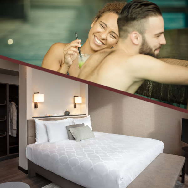 Bedroom and two people at the pool
